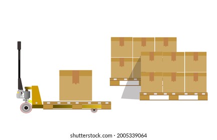 ector forklift truck with cardboard box isolated flat stock illustration icon loader, Hand pallet truck carries a pallet with boxes are isolated on a white