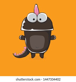 ector funny cartoon cute black monster dinosaur isolated on orange background. Vector funny black mascot dragon . Hand drawn Dino logo design template