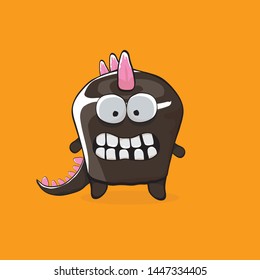ector funny cartoon cute black monster dinosaur isolated on orange background. Vector funny black mascot dragon . Hand drawn Dino logo design template