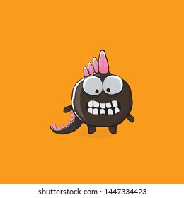 ector funny cartoon cute black monster dinosaur isolated on orange background. Vector funny black mascot dragon . Hand drawn Dino logo design template