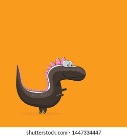 ector funny cartoon cute black monster dinosaur isolated on orange background. Vector funny black mascot dragon . Hand drawn Dino logo design template