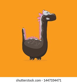 ector funny cartoon cute black monster dinosaur isolated on orange background. Vector funny black mascot dragon . Hand drawn Dino logo design template