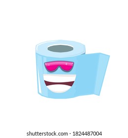 ector funny cartoon toilet paper roll character with sunglasses isolated on white background. funky smiling kawaii tolet paper roll character