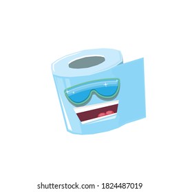 ector funny cartoon toilet paper roll character with sunglasses isolated on white background. funky smiling kawaii tolet paper roll character