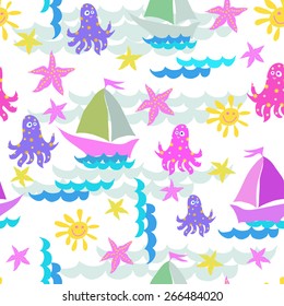 ector graphics, artistic, stylized  seamless pattern on the theme of the sea with a ship, octopus and sun. original print can be used for fabric design, wallpaper, wrapping papers.