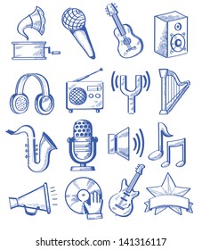 ector hand drawn music icons set on white