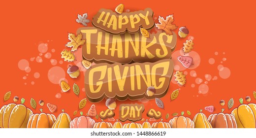 ector Happy Thanksgiving day holiday horizontal banner background with greeting text, orange pumpkins and falling autumn leaves isolated on orange background. Thanks giving poster or flyer