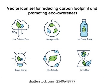 ector icon set for reducing carbon footprint and promoting eco-awareness. Highlights green energy, plastic-free alternatives, recycling, and Earth-friendly practices.