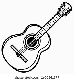 Ector illustration of Acoustic guitar with strings and sound hole sticker black and white drawing For children to learn to color according to the picture. stock illustration