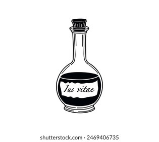 ector illustration. Bottle with potion. Flask with magic liquid. Magic liquid. Graphic arts. On a white background. Black and white drawing. A set of magic bottles. Elixir of life.