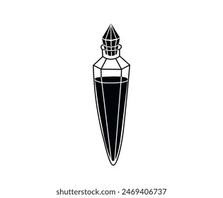 ector illustration. Bottle with potion. Flask with magic liquid. Magic liquid. Graphic arts. On a white background. Black and white drawing. A set of magic bottles. Elixir of life.