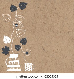 ector illustration with bouquets of Physalis on kraft paper. Floral background with flowers and place for your text.