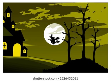 Ilustración vectorial de fondo de castillo y bruja en luna llena con cielo nocturno claro. adecuado para fondos, Anuncios, anuncios, decoraciones de pared, pantallas de visualización.