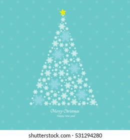 ector illustration of a Christmas tree made from snowflakes. Holiday design, triangle snowflakes. Can be used as Christmas card, invitation, background, print for clothes.
