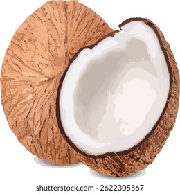 ector illustration of a coconut, featuring a whole coconut and a half coconut with visible white flesh. This tropical fruit is widely known for its refreshing water and nutritious meat.