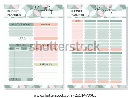 ector illustration of cute, minimalist budget planners for both monthly and weekly use, featuring color-coded sections for organizing different financial categories.
