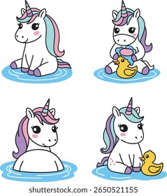 Ilustração Setorial de Unicórnios Fofos. Arquivo vetorial EPS8 em camadas para fácil manipulação e coloração. 