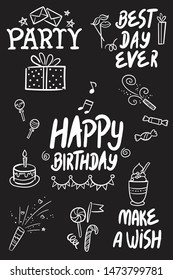 ector illustration of Happy Birthday badge set. Design elements with lettering text for greeting cards, banner, print. Cake, candle, gift, balloon and other elements