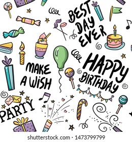 ector illustration of Happy Birthday badge set. Design elements with lettering text for greeting cards, banner, print. Cake, candle, gift, balloon and other elements