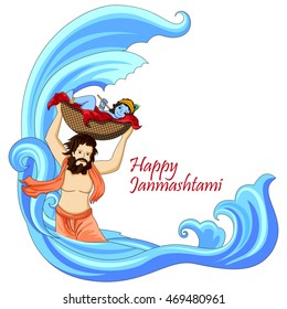 ector illustration of Krishna with flute on Happy Janmashtami background