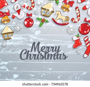 ector illustration. Merry Christmas and Happy New Year 2018 design elements for design of gift cards, brochures, flyers, leaflets, posters. composition pattern on top of the title block