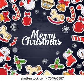 ector illustration. Merry Christmas and Happy New Year 2018 design elements for design of gift cards, brochures, flyers, leaflets, posters. design objects around the inscription on a dark background