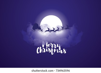 ector illustration. Merry Christmas and Happy New Year 2018 design elements for design of gift cards, brochures, flyers, leaflets, posters. santa in the background of the moon, on a reindeer team