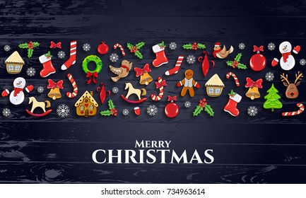 ector illustration. Merry Christmas and Happy New Year 2018 design elements for design of gift cards, brochures, flyers, leaflets, posters. linear composition on a dark background