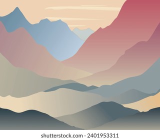 ector illustration of mountain landscape, red blue yellow green colors beautiful nature with fog and forest, sunrise in the mountains