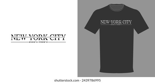 ector illustration of New York City t-shirt, city districts, location with coordinates. Brooklyn, Bronx, Queens, Manhattan, Staten Island. Typographic design