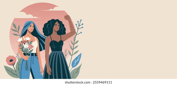 ector illustration postcard women's day, different women on sunset background with flowers and protest gesture, gender equality and empowerment. Suitable for feminism projects, website, social media