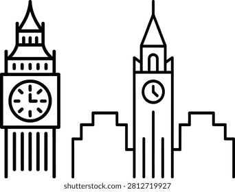 ector illustration set of two clock tower icons, Big Ben landmark and clock tower with city skyline in black line art
