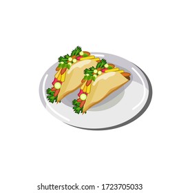 ector illustration. Vector illustration. Mexican food. Fajita in tortilla on a plate.