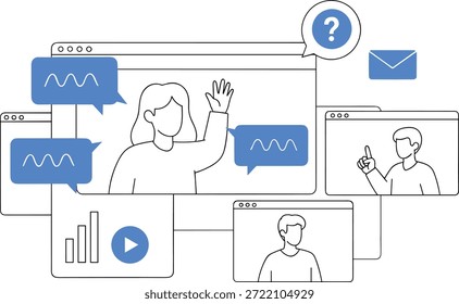 Ilustración vectorial de la interfaz de reunión virtual con ventanas del navegador, ilustración vectorial de la interfaz de reunión virtual con ventanas del navegador,