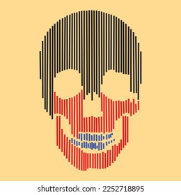 Ector line- art skull made by vertical lines. Human skull front view.