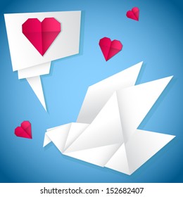 ector origami bird with speech bubble and hearts