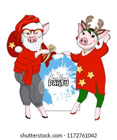 ector pigs-dancers. Hand drawn illustration of dressed pigs. New Year party 2