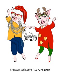 ector pigs-dancers. Hand drawn illustration of dressed pigs. New Year party 1