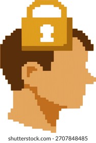Ilustración vectorial estilo píxel de una cabeza humana de perfil con un candado amarillo en la parte superior, que representa los límites psicológicos, la privacidad mental o la seguridad cognitiva.
