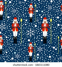 ector seamless pattern of Christmas nutcrackers on a snowy background with snowflakes.Elegant, festive, Christmas!Background for printing a brochure, poster, party, vintage textile design,web page bac