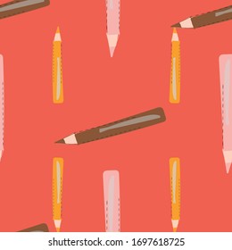 ector seamless pattern with pencils. Orange background.