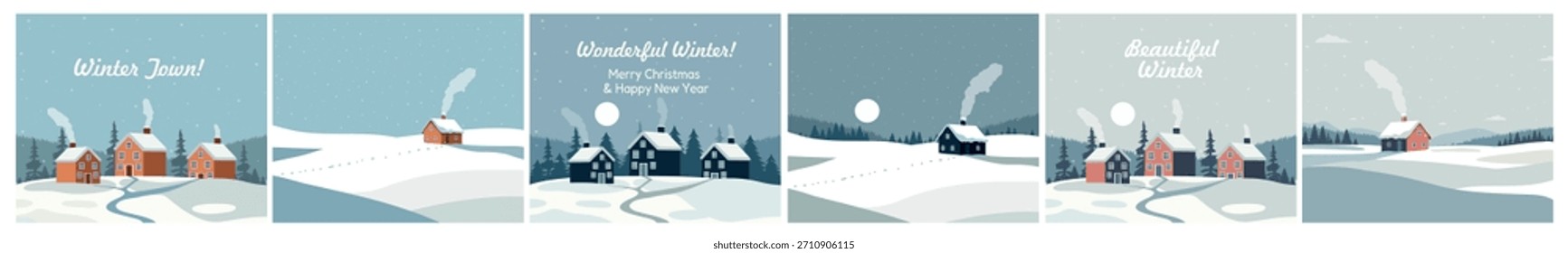 Conjunto vectorial de encantadoras casas de invierno en pueblos y aldeas en una variada paleta de colores, con colinas cubiertas de nieve, pinos, lindas inscripciones de invierno. Perfecto para tarjetas de Navidad, Anuncios, postes de temporada