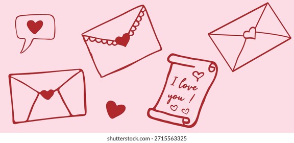 Conjunto de sobres dibujados a mano y un pergamino con texto y corazones "Te amo". Lindo estilo doodle rosa para mensajes románticos, bodas y diseños de tarjetas de felicitación.