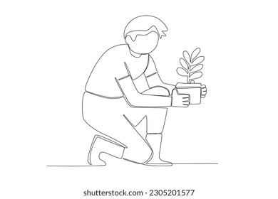 ector a woman sits with a flower in a pot world environment day oneline drawing