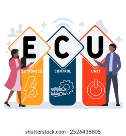 ECU - unidad de control electrónico acrónimo. fondo de concepto de negocio. concepto de Ilustración vectorial con Palabras claves e íconos. ilustración de letras con íconos para Anuncio de Web, volante, aterrizaje