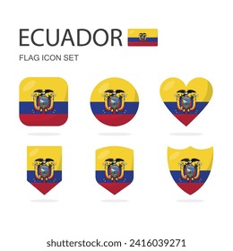 Ecuador 3d flag icons of 6 shapes all isolated on white background.