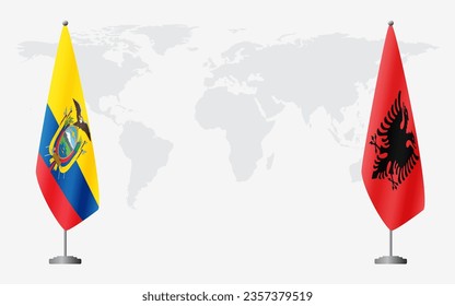 Ecuador and Albania flags for official meeting against background of world map.