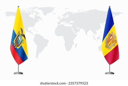 Ecuador and Andorra flags for official meeting against background of world map.