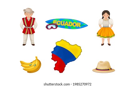 Ecuador Attributes with Banana Bunch and People Wearing National Clothing Vector Set