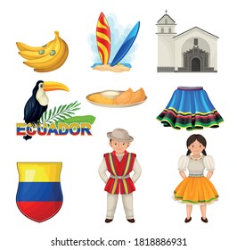 Ecuador Attributes with National Flag and Clothing Vector Set